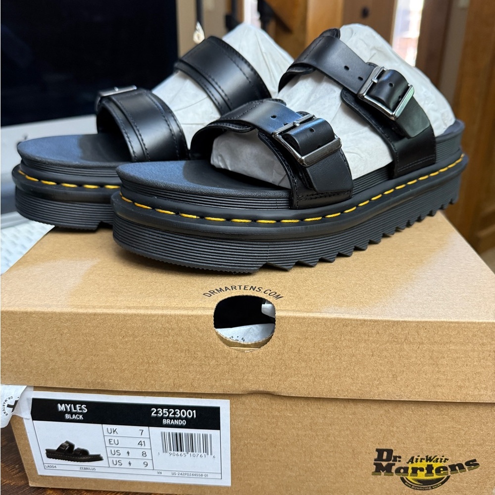 NWT Dr. Martens Black Myles Sandals with Yellow Accents